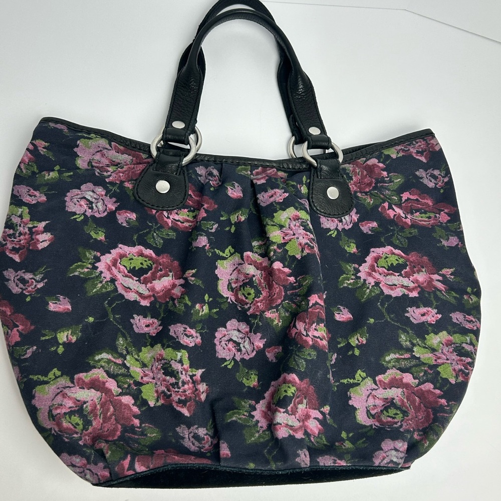 Vintage LUCKY Hobo Floral Cotton Black Tote Bag Leather Trim and Straps - Picture 3 of 12